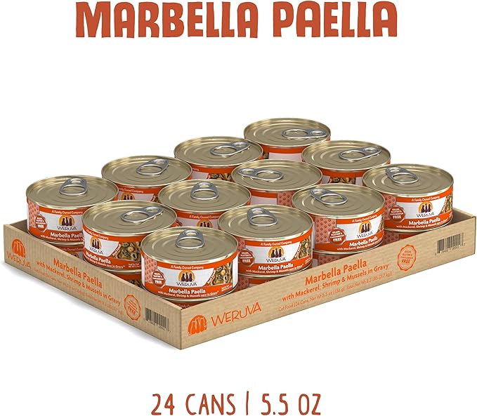 Weruva Classic Cat Food, Marbella Paella with Mackerel, Shrimp, & Mussels in Gravy, 5.5oz Can (Pack of 24)