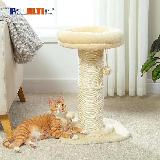 PEQULTI Cat Scratching Post, Tall Cat Scratcher for Indoor Cats with Super Thick Scratching Post [Dia=5.5''], Removable Fluffy Cat Bed, Scratch Post with Spring Ball, Beige
