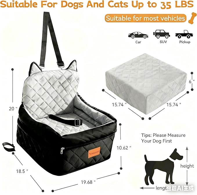 Dog Car Seat for Small/Medium Dogs Up to 35lbs,Elevated Cushion Fits in Front/Back Seat,Travel Safety Per Car Bed with Washable Removable Cover, Storage 2 Pockets Black-Grey