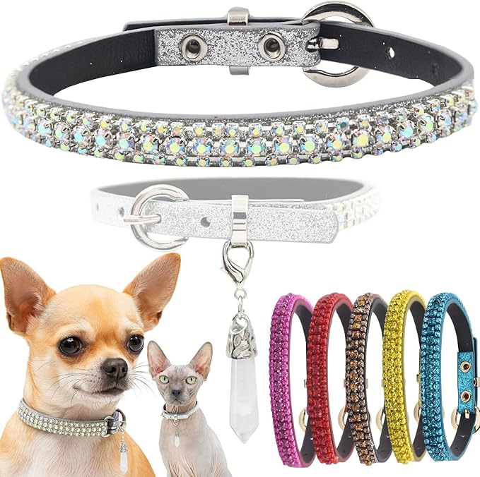PEARLY JUN Rhinestone Dog Collars for Small Dogs Cat, XXS Silver AB Bling Diamond Cat Collar Cute Luxury Crystal Pet Puppy