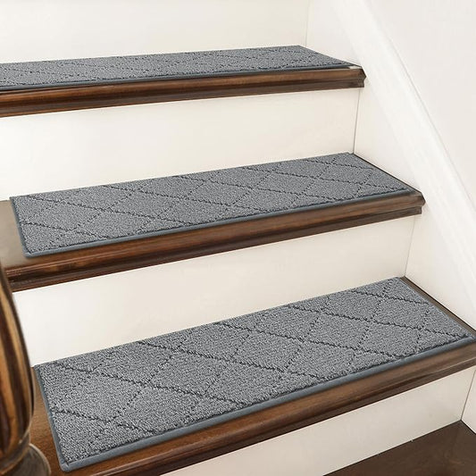 COSY HOMEER Stair Treads for Wooden Steps 9"x28" Washable Indoor Carpet Stair Treads Non Slip Soft Polyester Stair Carpet Tread Reusable Stair Runner Rugs for Kids, Elders,Pets,Medium Grey,10pcs