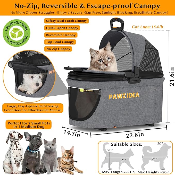 PAWZIDEA Pet Stroller 4 in 1, Dog Strollers for Small/Medium Dogs with Detachable Carrier Easy Lock Canopy, Seatbelt Puppy Car Seat, Cozy House, Foldable & Lightweight Jogger Cat Stroller, 4 Wheels