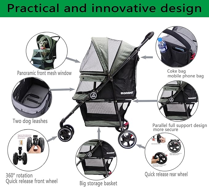 ROODO 3 Wheel Dog Pet Cat Stroller Best Lightweight Foldable Compact Portable Jogger All Terrain Travel Pet Gear Puppy Kitty Stroller for up to 30lbs Medium Small Dogs and Cats(Cationic ash)