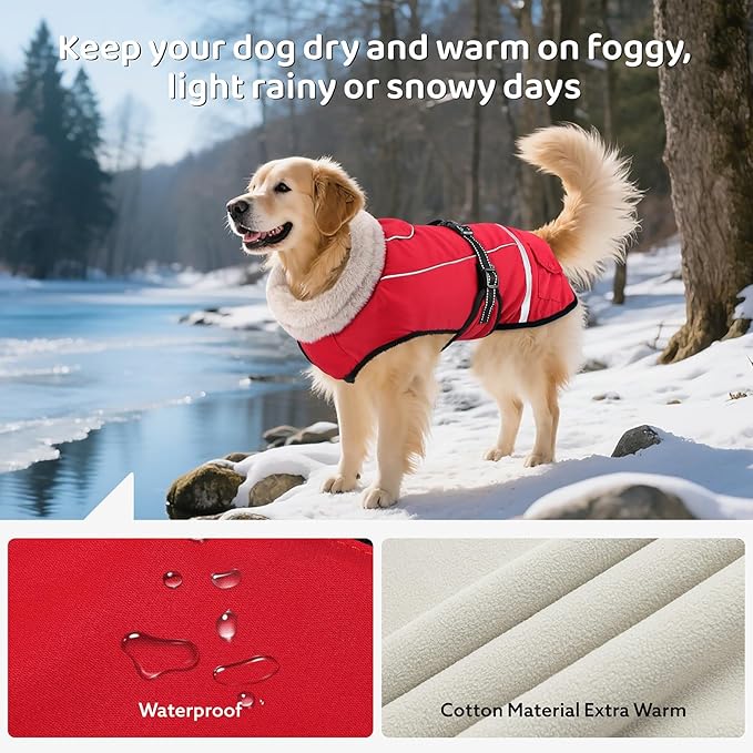 Dog Coat, Dog Winter Coat Jacket Waterproof for XXXL Large Dogs, Pet Vest Warm Fleece Cozy for Cold Weather, with Harness Built in Reflective, Dogs Snowsuit Windproof, Adjustable Buckle