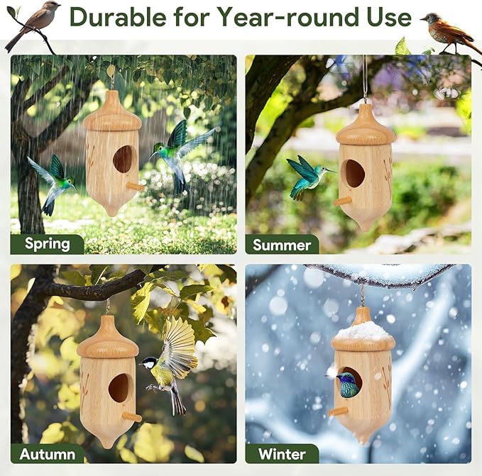 Hummingbird House, Wooden Hummingbird Houses for Outside Hanging, Humming Bird Nest Swinging, Wooden Bird Houses with Cotton, Bow, String, Gardening Gifts Decoration (3 Pack)
