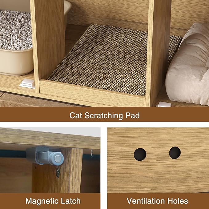 Litter Box Enclosure for 2 Cats, Fluted Hidden Cat Litter Box Furniture with Scratch Pad and Metal Legs, Modern Double Room Kitty House for Living Room, Washroom, 47.2”L x 17.7”W x 25.9”H, Natural
