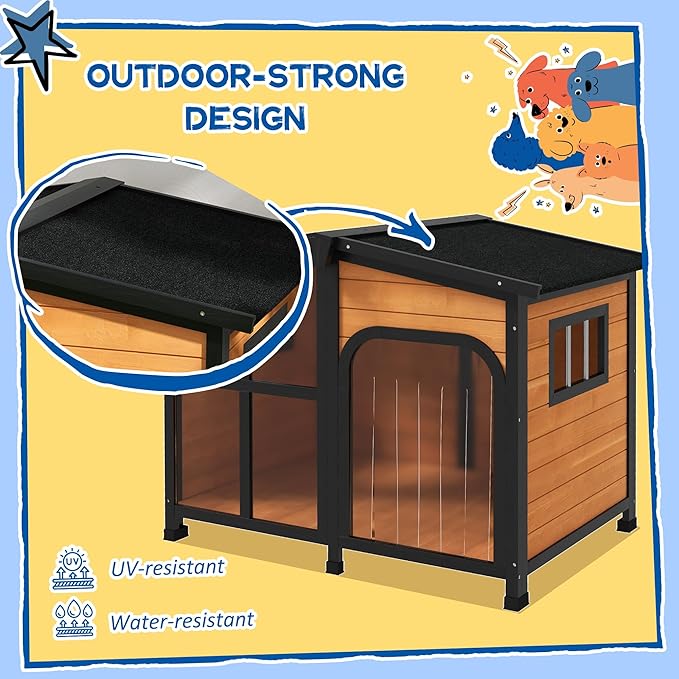 PawHut Outside Cabin-Style Wooden Dog House for Large Dogs with Openable Roof & Giant Window, Outdoor & Indoor Big Dog House, Asphalt Roof, Yellow
