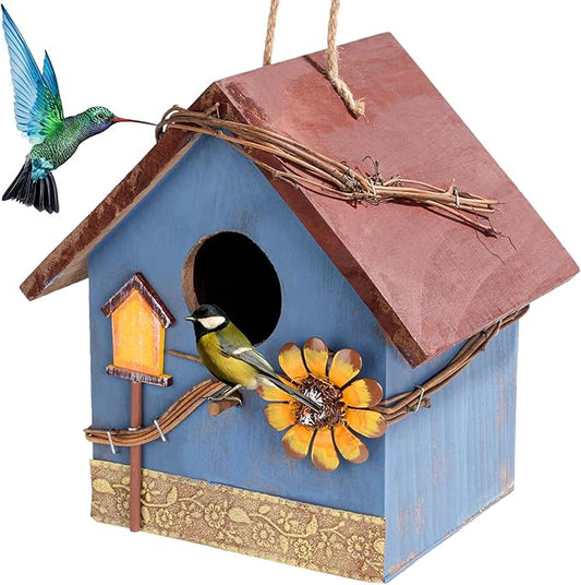 DEWEL Bird Houses for Outside Clearance, Hanging Birdhouses for Outdoors, Garden Wooden Blue Bird Houses for Outdoors, Bird Nesting Box for Bluebird Finch Swallow Wren Chickadee, Gift for Bird Lovers