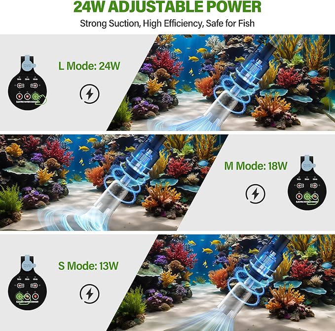 Aquarium Vacuum Gravel Cleaner,24W Electric Fish Tank Cleaning Tools,Multifunctional Fish Tank Gravel Cleaner Vacuum for Water Changer Wash Sand Circulation (Black)
