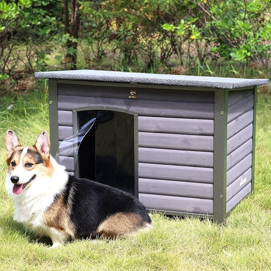 Dog House Outdoor Insulated Dog House for Small Medium Dogs, Natural Wood with Iron Frame, Waterproof Roof Raised Feet