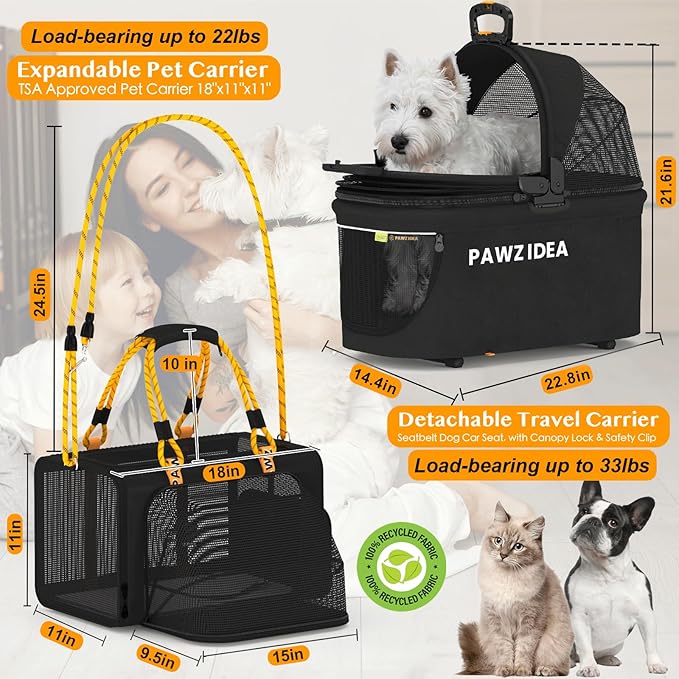 PAWZIDEA Double Pet Stroller with 2 Detachable Carriers, Portable Dog Crate for Car Travel & TSA-Approved Expandable Cat Carrier, Foldable Lightweight Jogger Stroller for 2–4 Cats or Small/Medium Dogs