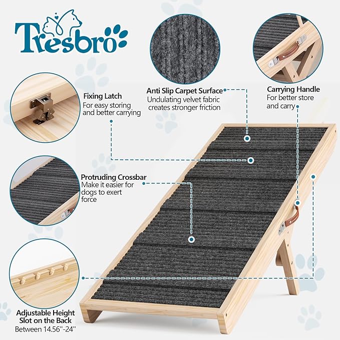 Tresbro Dog Ramp for Bed, 4 Level Adjustable 14.56'' to 24'' Dog Ramps with Anti-Slip Carpet & Carrying Handle, Portable Dog Ramp Supports up to 120LBS for Small Medium Large Dogs to Get on Bed, Couch