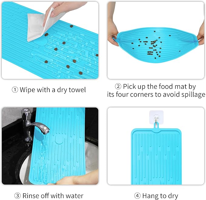Ptlom Pet Placemat for Dog and Cat, Anti-Slip Waterproof Dogs Feeding Mat Prevent Food and Water Overflow, Bowl Mats Suitable for Medium and Small Pets, Blue, Silicone