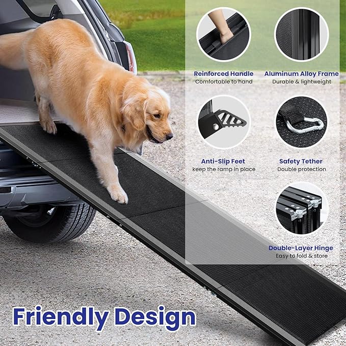 Dog Ramp for Car, 67" L x 20" W Extra Wide Folding Dog Ramp, Pet Ramp with Non-Slip Rug Surface, Dog Steps Supports Up to 250 lb, Outdoor Dog Ramp for Car, SUV, Truck