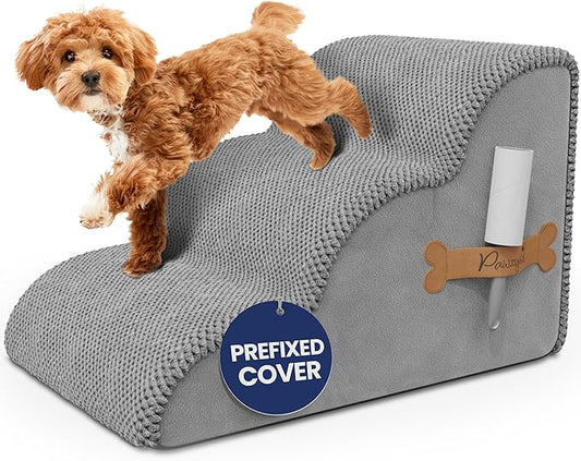 PAWZY Foam Pet Stairs for Bed, Couch or Window PREFIXED Cover - Wide Steps for Bed, Waterproof, Non-Slip Base - 3-Tier Ramp Dog Stairs for Small Dogs, Puppies, Cats - Dog Stairs & Steps (Grey)