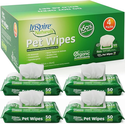 Inspire Naturals Pet Wipes for Dogs and Cats 100% Natural Plant Based with Organic Antioxidants, Dog Wipe Cleaning Deodorizing | Cat Wipes | Puppy Wipes | Dog Wipes for Paws and Butt (200ct - 4 Pack)
