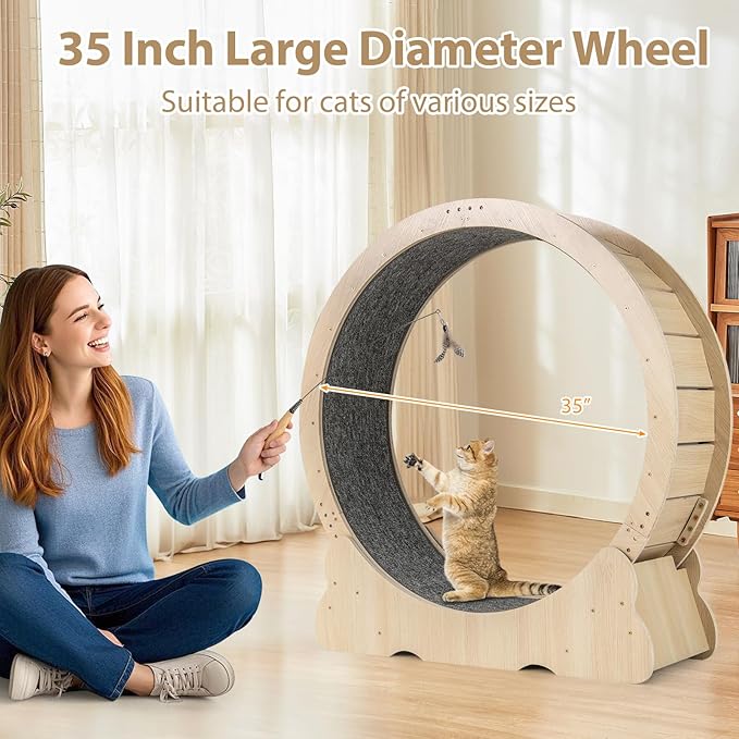 PETSITE 40 Inch Cat Exercise Wheel for Indoor Cats, Low Noise Cat Treadmill with Locking Mechanism, Carpeted Runway, and Teasing Toy