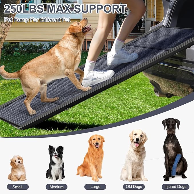 Dog Ramp for Car 63" Long & 17" Wide Portable Dog Ramps for Large Dogs with Non-Slip Rug Surface Dog Car Ramp for SUV Car & Truck, Folding Dog Ramp Up to 250LBS