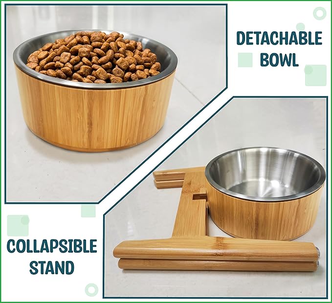 Elevated Dog Bowls Large Breed - (15-Inch, 74-oz Cap) - Raised Single Dog Food Station, Suitable for Dry/Wet Pet Foods, Deter Ants/Bugs - Bamboo with Stainless Dish and Tall Stand