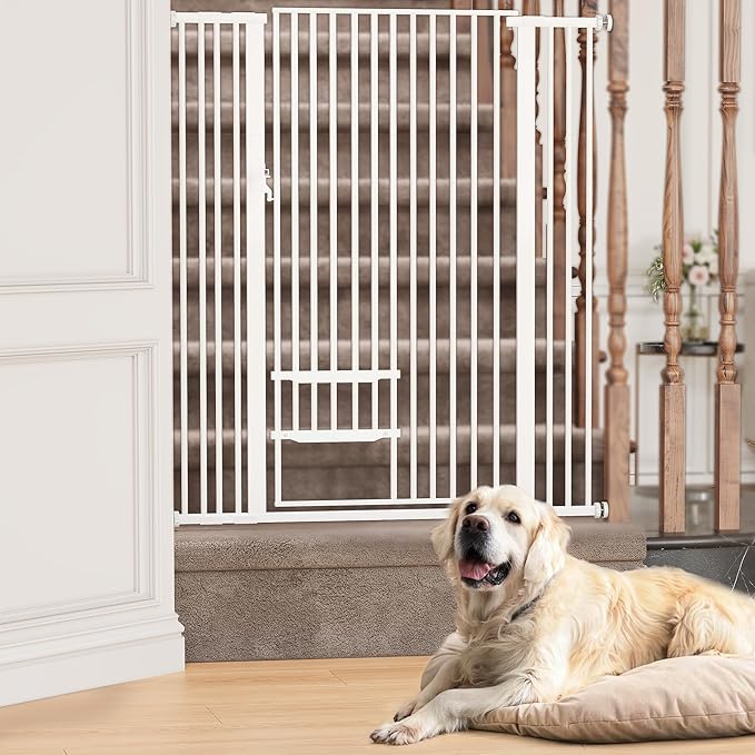 YITAHOME Extra Tall 55" High Metal Dog Gate with Cat Door, 29.5"- 43" Wide Auto Close Pet Gate Indoor for Stairs, Doorways, House, No Drilling Pressure Mount, Sturdy, White
