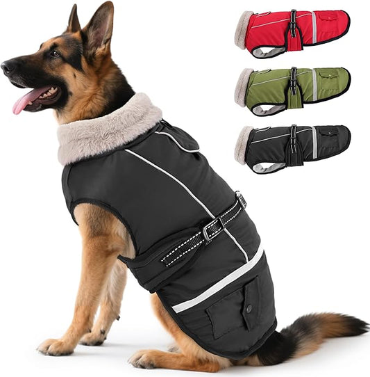 Dog Coat, Dog Winter Coat Jacket Waterproof for XXXL Large Dogs, Pet Vest Warm Fleece Cozy for Cold Weather, with Harness Built in Reflective, Dogs Snowsuit Windproof, Adjustable Buckle