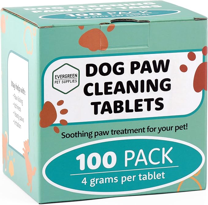 Evergreen Pet Supplies Dog Paw Soak Tablets - 100 Count, 4g Tea Tree Oil Fizz - Deep Clean & Soothe Itchy Paws - Dog Bath Tablets