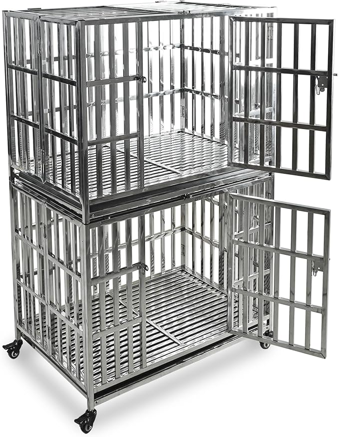 37 Inch Heavy Duty Dog Crates for Meduim Dogs, Stainless Steel Indestructible Small Dog Kennel Indoor, Puppy Dog Cage with Lockable Rolling Wheels, Double Door and Removable Tray (Stackable)