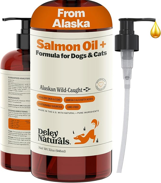 Deley Naturals Wild Alaskan Salmon Oil for Dogs - New & Improved Salmon Oil Plus Formula - Fish Oil for Dogs with DHA EPA Omega 3 & 6 Fatty Acids - Omega 3 Fish Oil for Skin & Coat - 32oz Made in USA