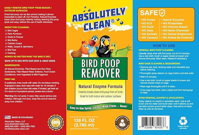 Absolutely Clean Amazing Bird Poop Remover - Just Spray/Wipe - Safely & Easily Removes Bird Messes - Use Indoor/Outdoor - Made in The USA 128 fl oz(Pack of 4)