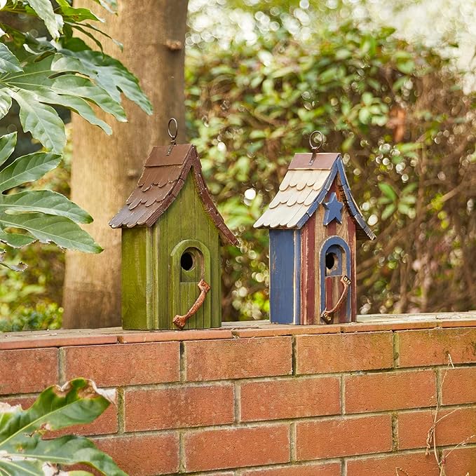 Glitzhome Birdhouses for Outdoors, Hand Painted Garden Hanging Wooden Bird House with Single Roof for Outside, Country Cottages for Bluebird Swallow Sparrow Hummingbird Finch Cardinals Cedar, Green