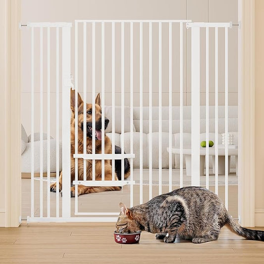 YITAHOME Extra Tall 55" High Metal Dog Gate with Cat Door, 29.5"- 43" Wide Auto Close Pet Gate Indoor for Stairs, Doorways, House, No Drilling Pressure Mount, Sturdy, White