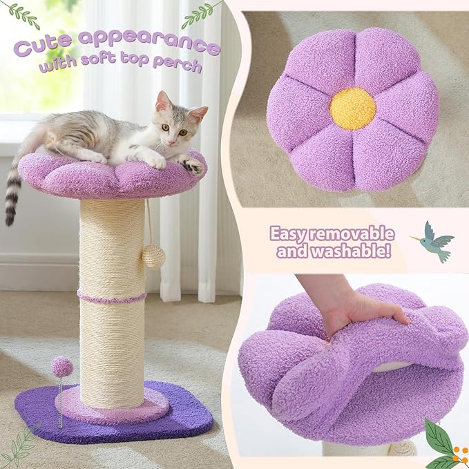 PEQULTI Flower Cat Scratching Post, Small Cat Tree, Scratcher for Indoor Cats with Super Thick Scratching Post [Dia=5.5''], Removable Flower Bed, Cat Scratch Post with Spring Ball, Purple