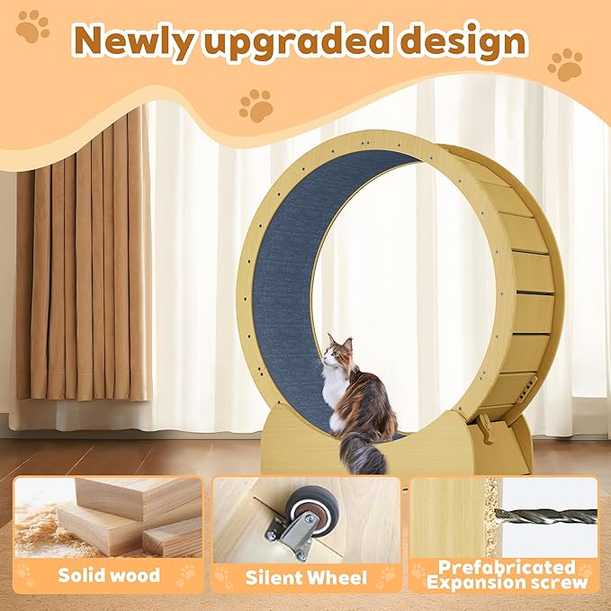 45 Inch Cat Exercise Wheel, Large Cat Wheel for Indoor Cats with Detachable Carpet & Toy, for Running/Walking/Training, Suitable for Most Cats