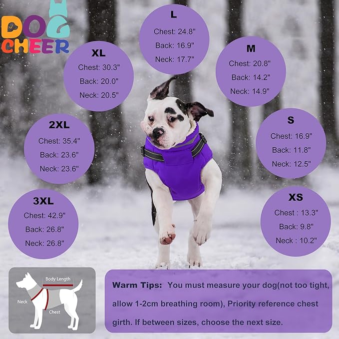 Dogcheer Dog Coat with Harness, Waterproof Dog Jacket Christmas Puppy Winter Coat with Pockets, Reflective Doggy Winter Jacket Soft Pet Snow Jacket for Small Medium Large Dogs - Purple, S