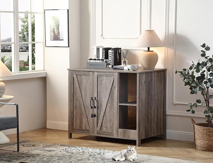 Cat Litter Robot Enclosure,Large Space for Placing Litter Robot 3/4,Power Outlet and Dog-Proof Shelf for Litter Robot Cabinet,Litter Collector for Automatic Litter Box Enclosure,Grey