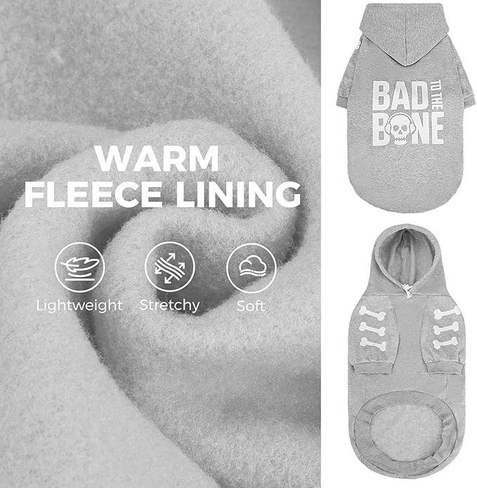 BINGPET Bad to The Bone Dog Sweater with Hood and Leash Hole,Warm Fleece Dog Hoodie & Winter Coat for Small to Large Dogs,Cold Weather Pet Clothes(Large)