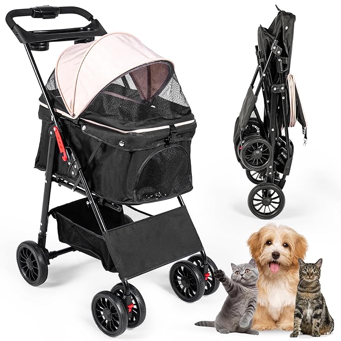 Pet Stroller with 4 Rolling Casters for Pets – Lightweight Multifunctional Travel Stroller with Mesh Windows, Cup Holder, Sun Shades & Storage Pocket for Puppy and Kitty