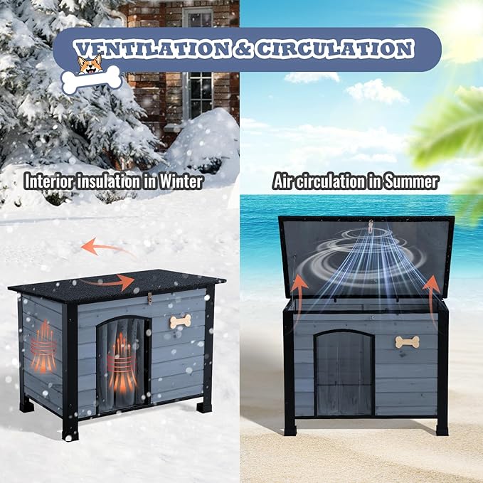 Outdoor Dog House, Indoor Outdoor Doghouse Puppy Shelter Dog House with Iron Frame,Anti-Bite Design Dog Home for Small Medium Some Large Dogs (Grey, Small)