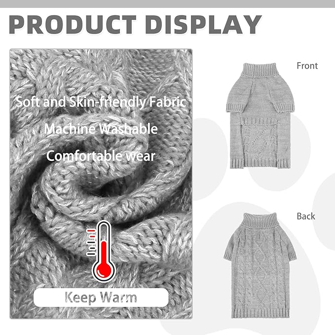 KOOLTAIL Dog Sweater for Large Medium Small Dogs, Fall Dog Sweaters, Turtleneck Cable Knitwear Pet Cold Weather Coats with Leash Hole, Warm Winter Pullover Clothes for Bulldog, Yorkie,Boy Girl,Grey L