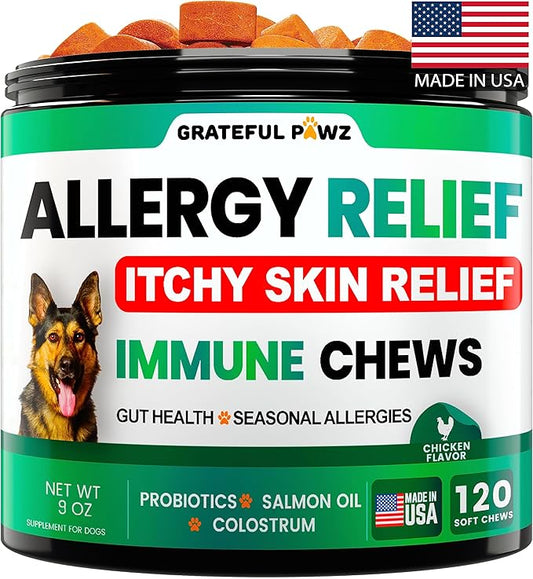 Dog Allergy Relief Chews - Dog Itch Relief - Probiotics, Omega 3 Fish Oil + Colostrum - Itchy Skin - Seasonal Allergies - Anti Itch Support & Hot Spots - Immune Health Supplement - Made in USA