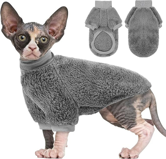 SUNFURA Sphynx Cat Sweater, Hairless Cats Turtleneck Pullover Kitten Sweaters for Cats Only, Warm and Soft Cat Pajamas Shirt with Sleeves Pet Winter Clothes Fleece Jumpsuit for Puppy, Grey S