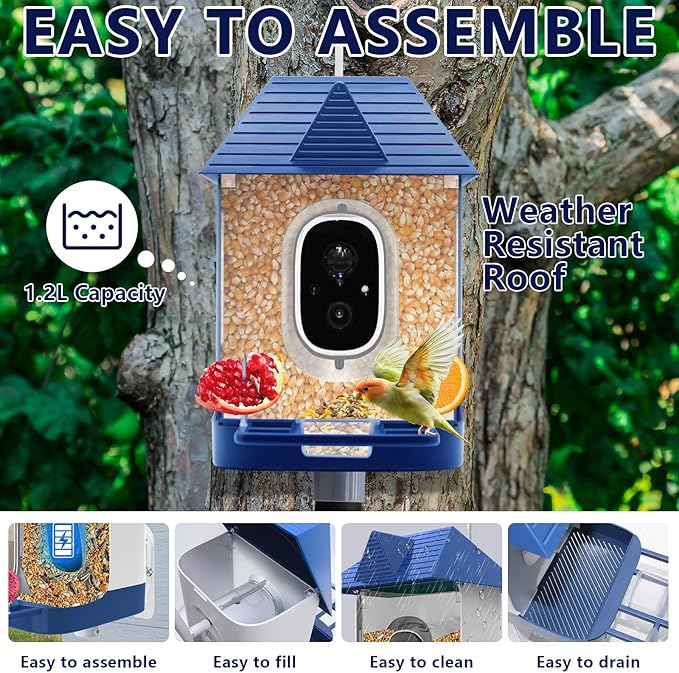 Swingers Smart Bird Feeder with Camera, Solar Powered Bird Feeders for Outdoors, Weatherproof Birds Camera Featuring Permanent AI to Identify 10,000+ Wild Birds Species & Clear Video (1.2L, Blue)