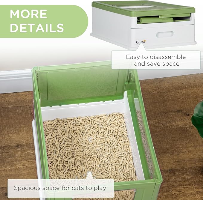 PawHut Fully Enclosed Cat Litter Box with Scoop, Hooded Cat Litter House with Drawer Type Tray, Foldable Smell Proof Potty with Front Entry, Top Exit, Large Space, Yellowish Green