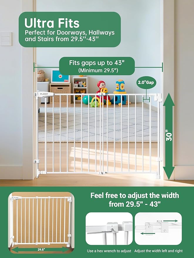 29.5-43" No Bottom Bar Baby Gate for Stairs, Auto Close Dog Gate Indoor, Hardware Mounted, Child Safety Gate for Kids with Large Walk Thru Door, Pet Gate for Doorways adn Stairs - White