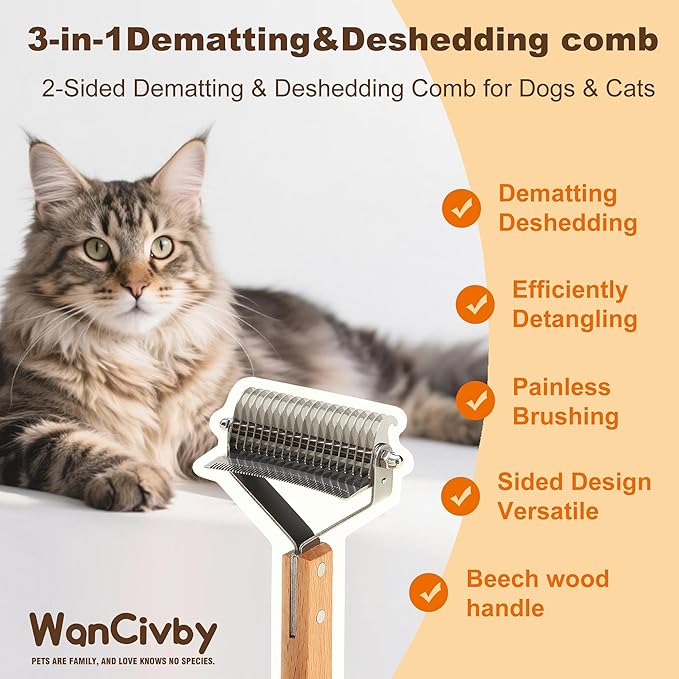 3-in-1Dematting & Deshedding Comb Undercoat Rake for Cats& Dogs，Detangling Matted Fur & Hair Remover Tool Pet Grooming Rake for Shedding and Dematting，Ergonomic beech wood handle (Square Handle)