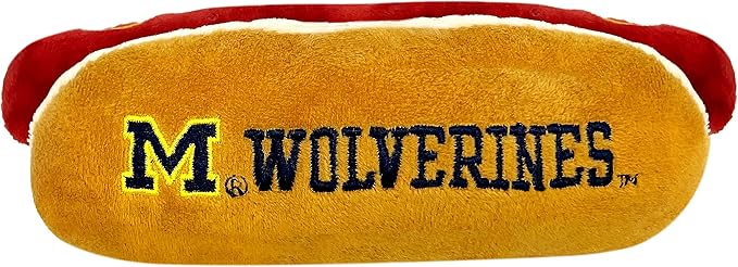 NCAA Michigan Wolverines HOT Dog Plush Dog & CAT Squeak Toy- Cutest HOT-Dog Snack Plush Toy for Dogs & Cats with Inner Squeaker & Beautiful Football/Basketball Team Name/Logo