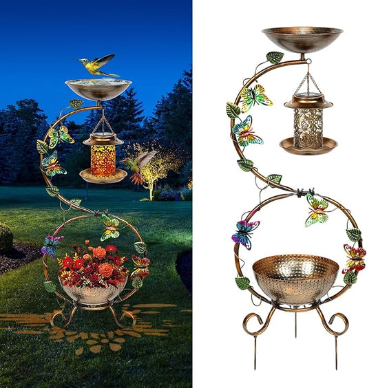 3 In 1 Bird Bath for Outside and Solar Bird Feeders Combo with Flower Planter Pedestal, 38" Metal Bird Baths Heavy Duty for Outdoors, Vintage Birdbaths for Garden Yard Lawn Decor -Waterproof