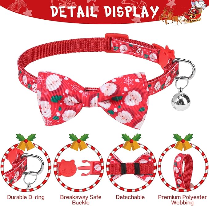 SCENEREAL Christmas Cat Collar Breakaway with Bells and Bow Tie- 3 Pack Cute Holiday Cat Collars- Xmas Kitten Collar Adjustable Safety Buckle for Girl Boy Cats Dogs Pets