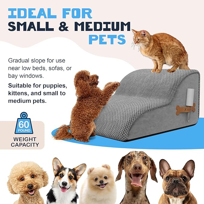 PAWZY Foam Pet Stairs for Bed, Couch or Window PREFIXED Cover - Wide Dog Steps for Bed, Waterproof, Non-Slip Base - Tier Dog Ramp Dog Stairs for Small Dogs, Puppies, Cats -(Gray, 2 Step, 1)