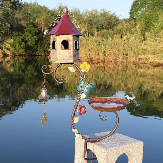Deck Bird Bath, 2 in 1 Metal Bird Bath and Bird Houses, Decorative Deck Mounted Bird Baths, Detachable and Adjustable Sturdy Deck Bird Bath for Outdoor Porch Yard Garden Decoration